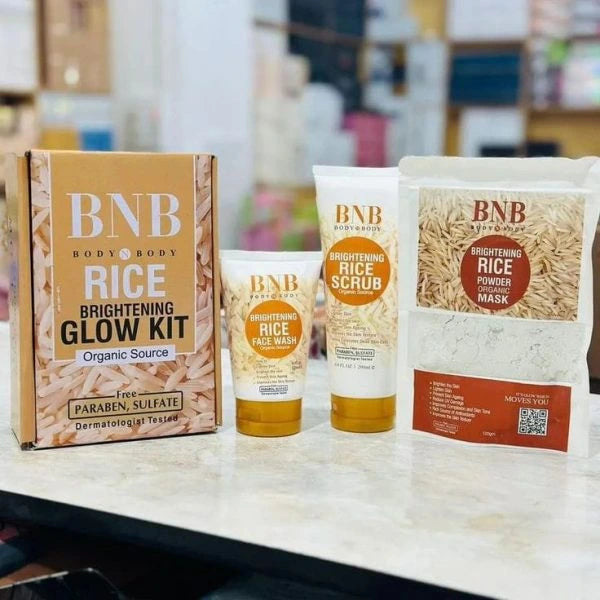 BNB Rice Extract Brightening Skincare Kit – Face Wash, Scrub & Mask for Glowing Skin