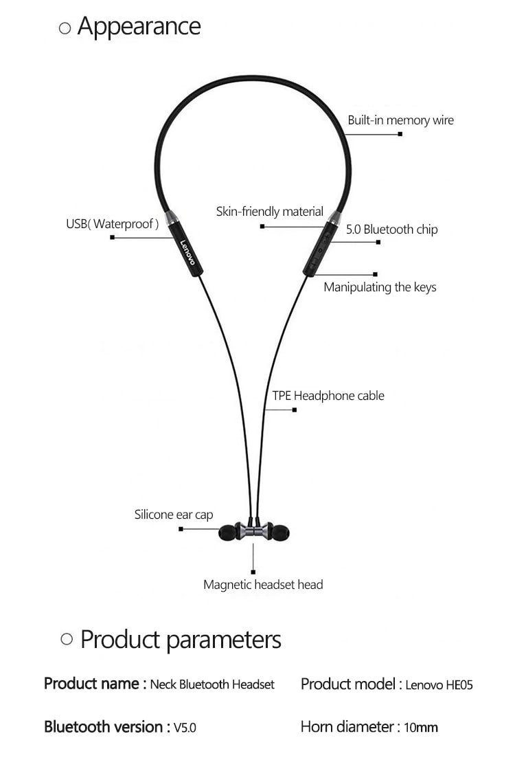 Lenovo HE05 Bluetooth 5.0 Wireless Neckband Headphones - IPX5 Waterproof