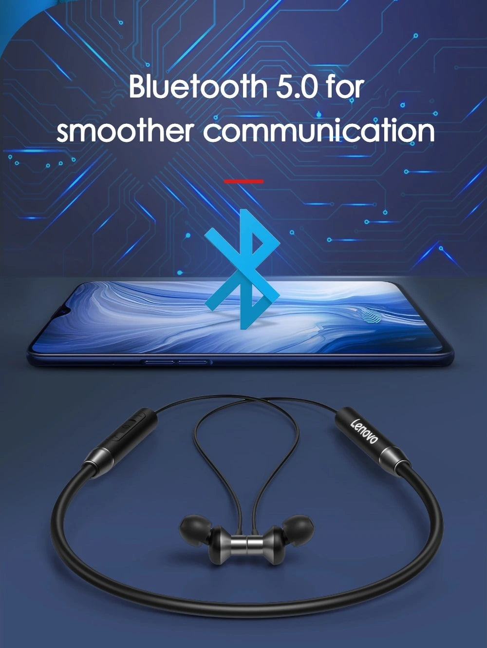 Lenovo HE05 Bluetooth 5.0 Wireless Neckband Headphones - IPX5 Waterproof